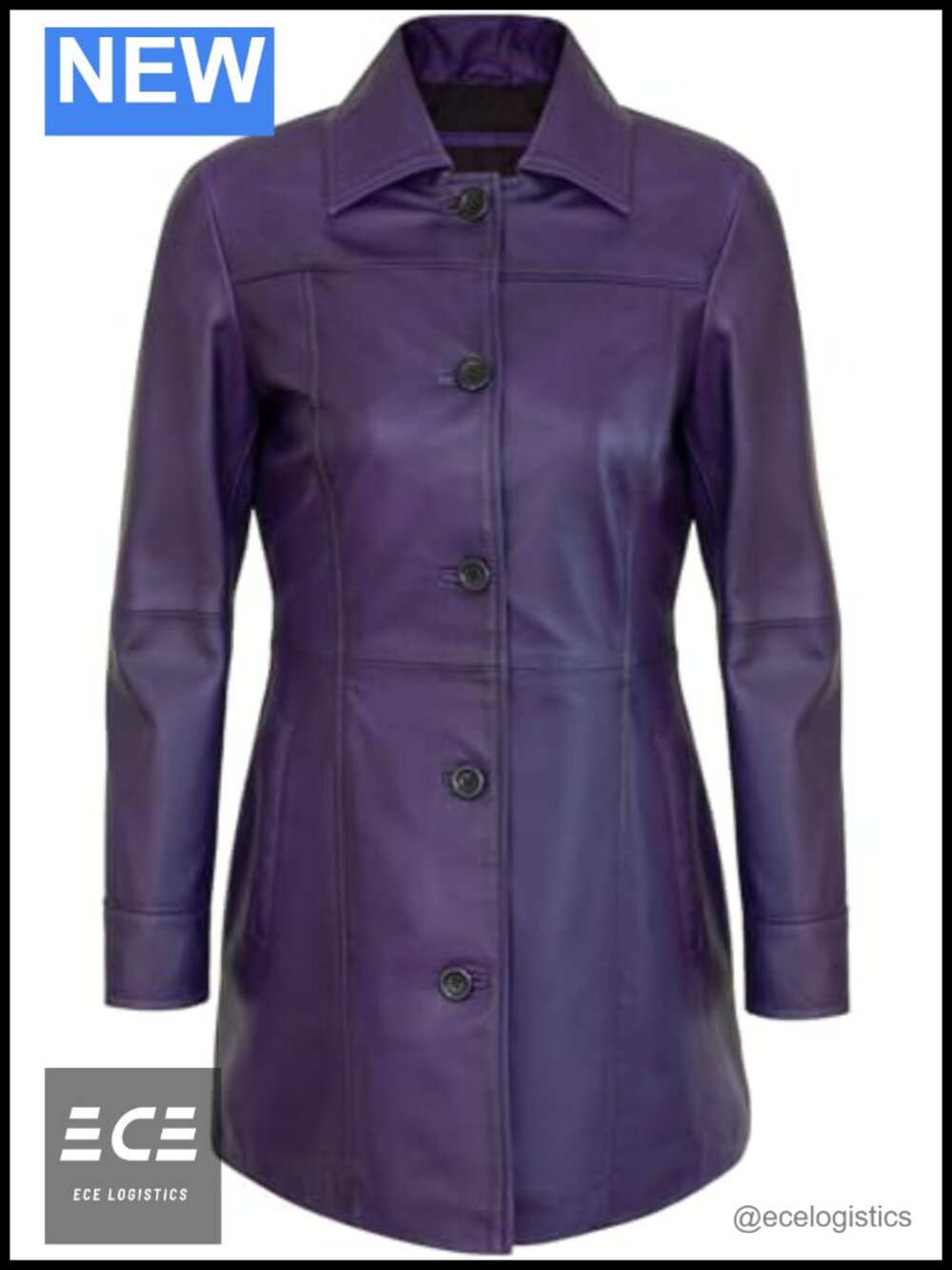 Real Lambskin Leather Car Coat Button Closure Women's 3/4 Length